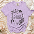 Purple t-shirt with "MAID OF DISHONOR" graphic, crown, lips, and champagne.