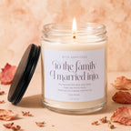 Lit candle with text "To the family I married into" and gratitude message.