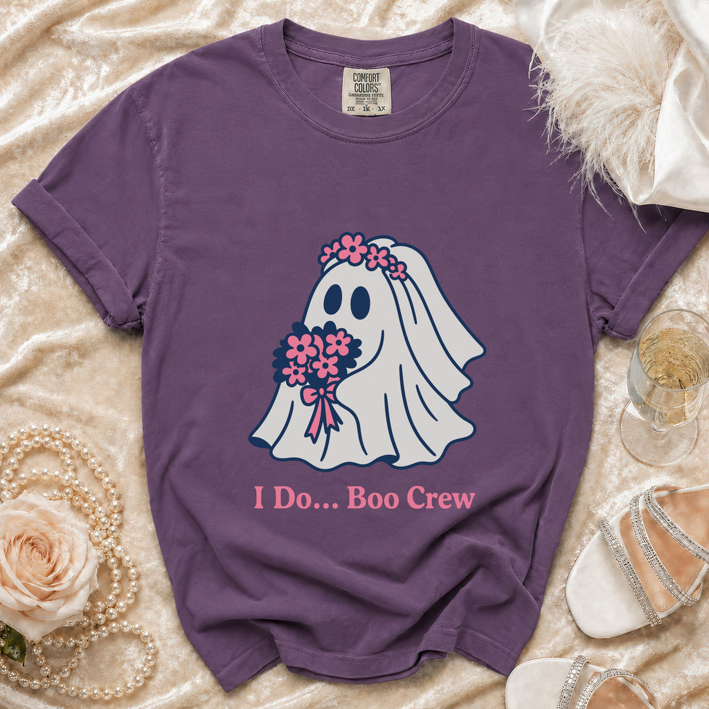 Purple t-shirt with ghost bride graphic and "I Do... Boo Crew" text.