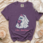 Purple t-shirt with ghost bride graphic and "I Do... Boo Crew" text.