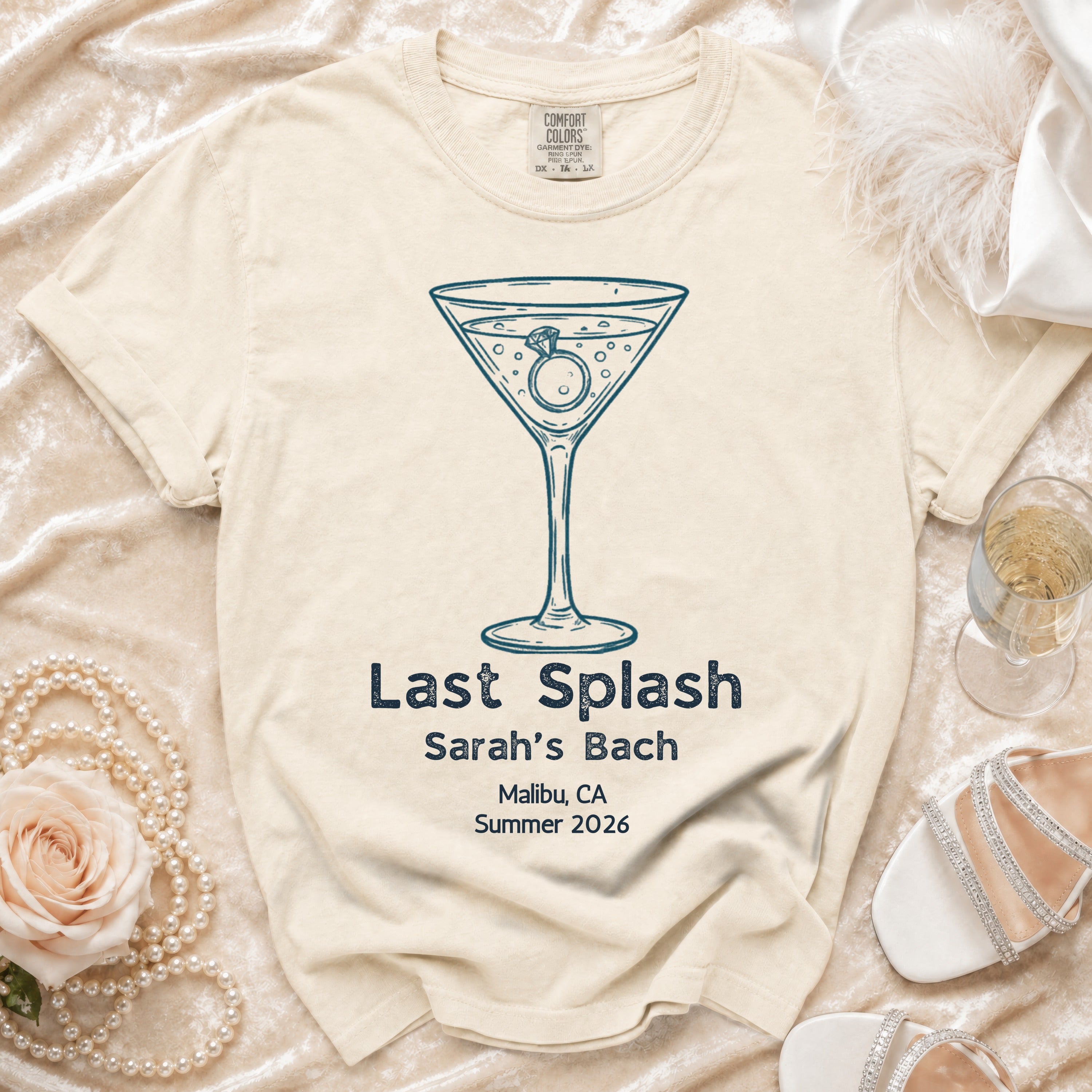 T-shirt with "Last Splash Sarah's Bach Malibu, CA Summer 2026" and martini glass design.