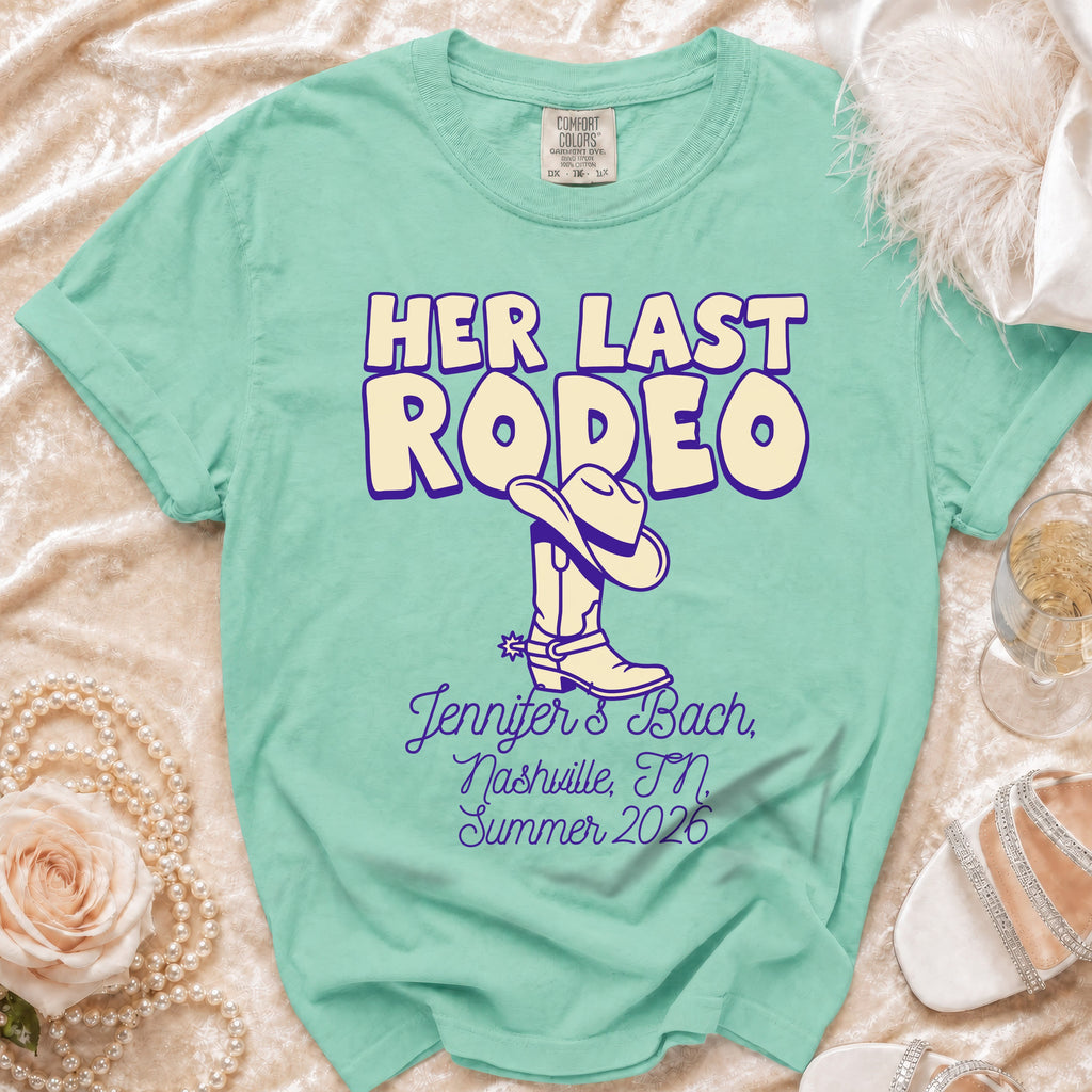 Mint green t-shirt with "HER LAST RODEO" and bachelorette details.