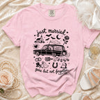Pink t-shirt with "just married" and gothic wedding icons, including skeleton couple in hearse.