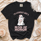 Black Comfort Colors t-shirt with ghost maid of honor graphic and text.