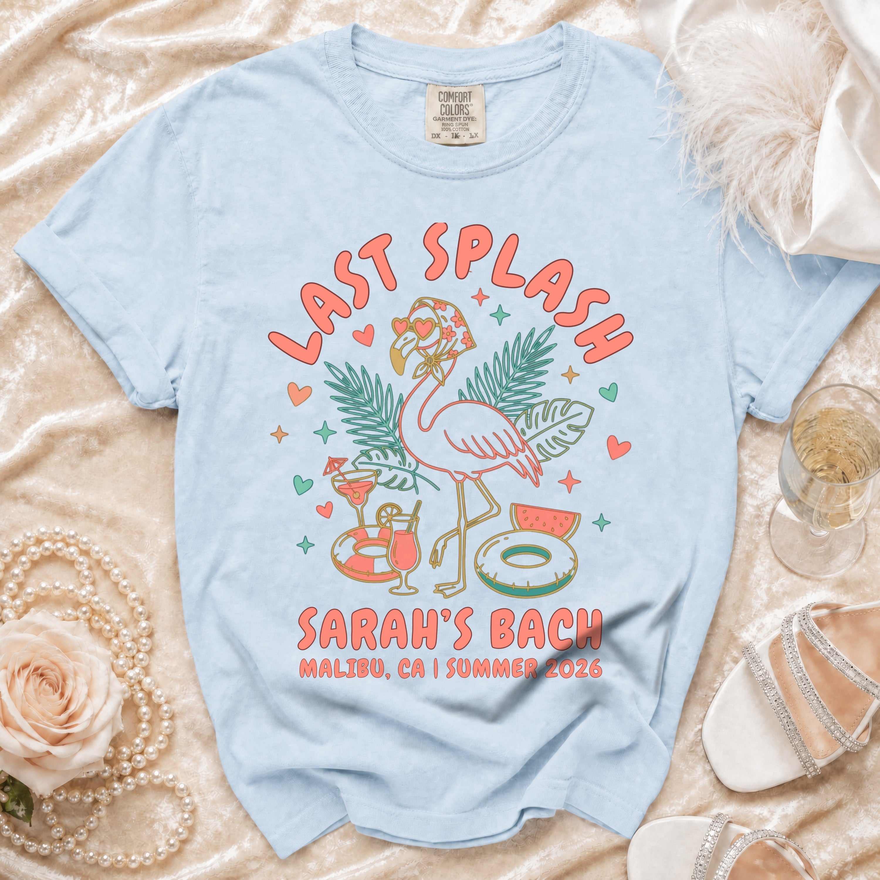 T-shirt with "Last Splash Sarah's Bach Malibu CA Summer 2026" and flamingo graphic.