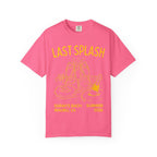 Pink t-shirt with "LAST SPLASH SARAH'S BACH MALIBU, CA SUMMER 2023" text and champagne glasses.