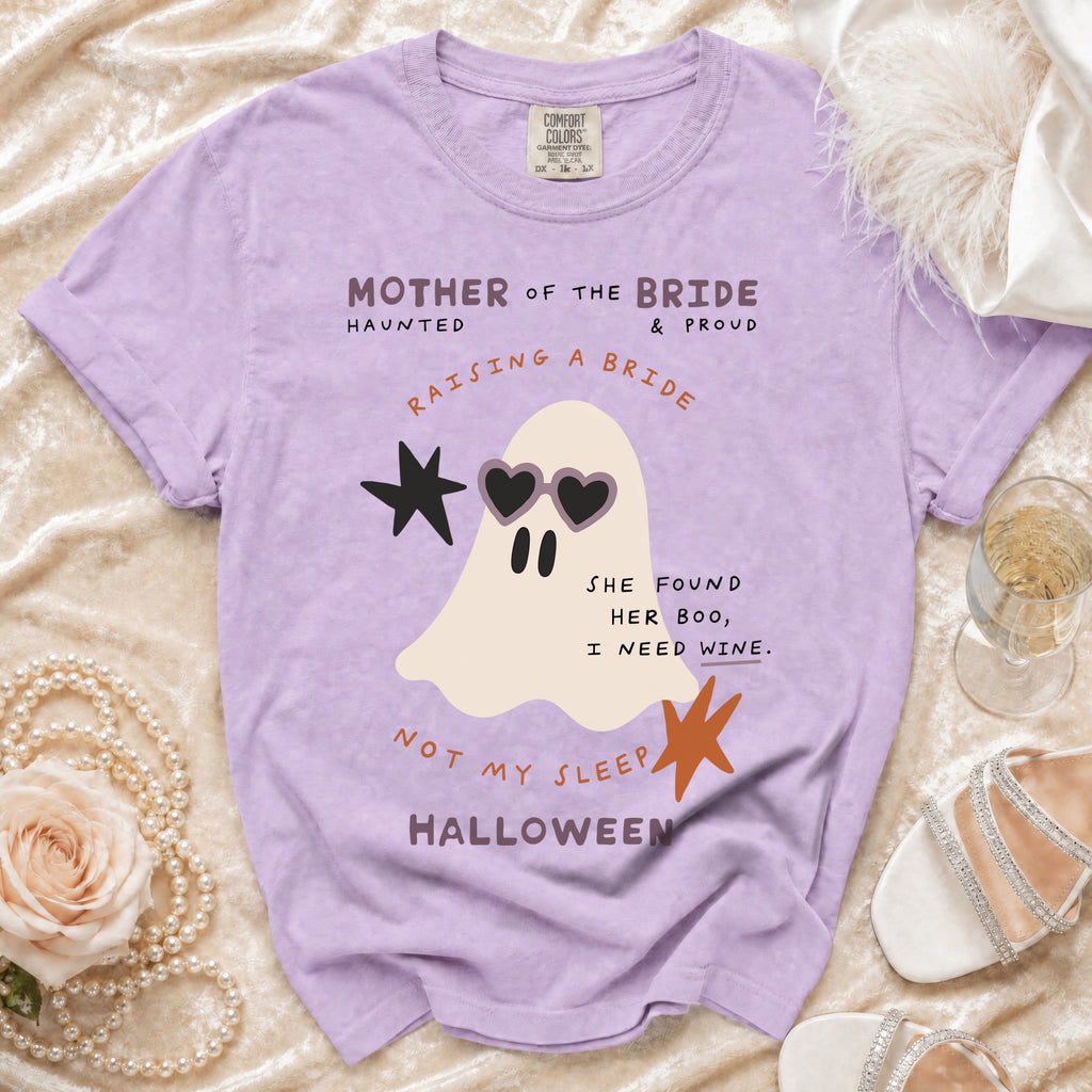 Purple t-shirt with ghost graphic and text "Mother of the Bride".