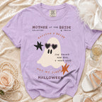 Purple t-shirt with ghost graphic and text "Mother of the Bride".