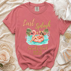 Pink t-shirt with "Last Splash Sarah's Bach Malibu, Ca Summer 2026" text and flamingo graphic.