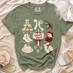 Green t-shirt with "Winter Bride" design featuring champagne, ice skates, cake, and winter elements.