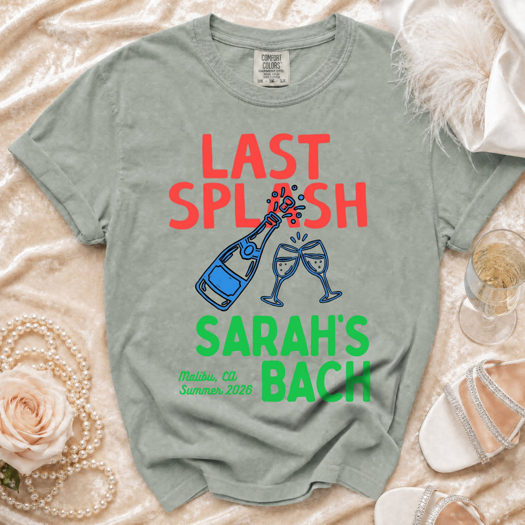 "Last Splash Sarah's Bach" graphic on a light green t-shirt.