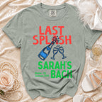"Last Splash Sarah's Bach" graphic on a light green t-shirt.