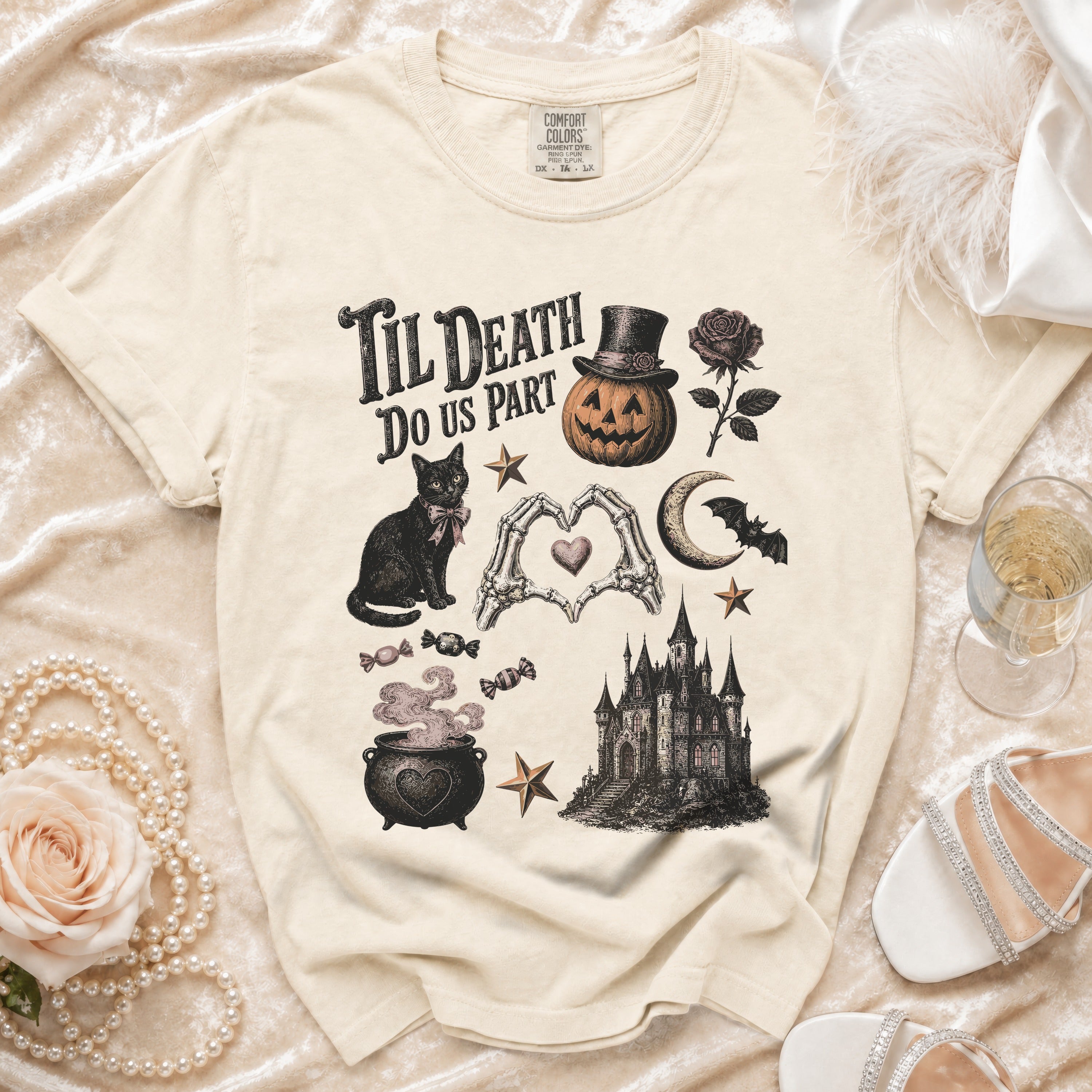Cream t-shirt with "Til Death Do Us Part" and Halloween graphics.