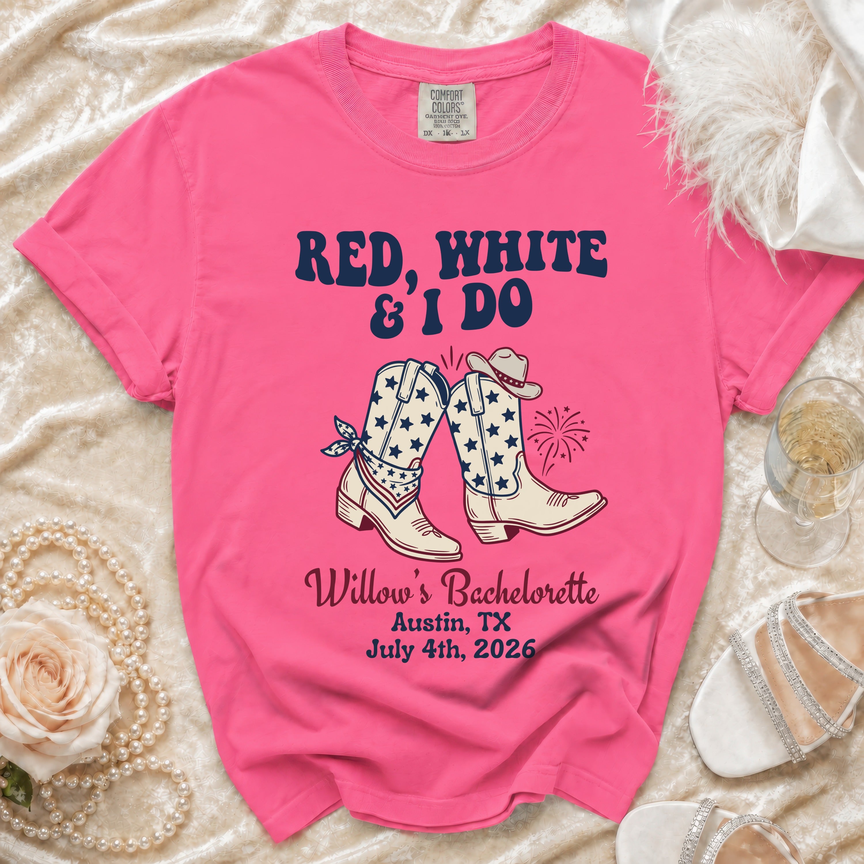 Pink t-shirt with "RED, WHITE & I DO" and cowboy boots design.