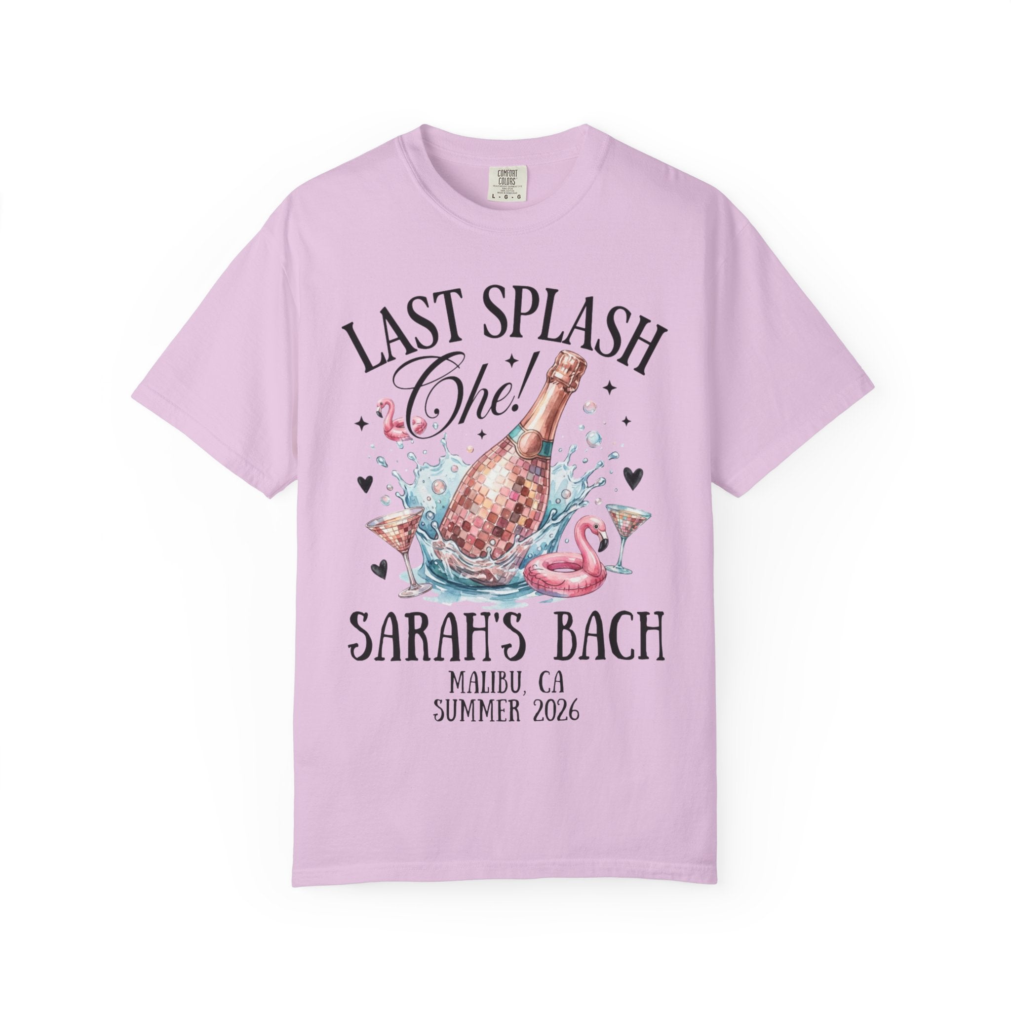 T-shirt with "Last Splash" text and champagne bottle graphic.