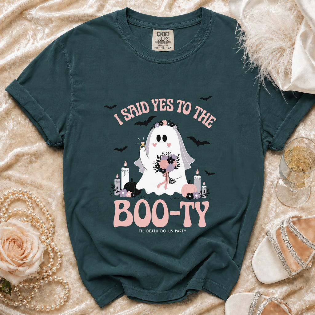 T-shirt with a ghost bride graphic saying "I Said Yes to the Boo-ty".