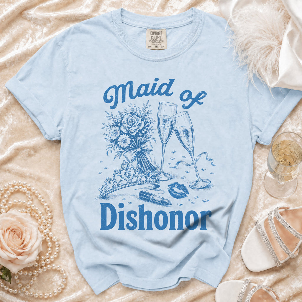 Light blue t-shirt with "Maid of Dishonor" text and wedding icons.