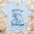 Light blue t-shirt with "Maid of Dishonor" text and wedding icons.