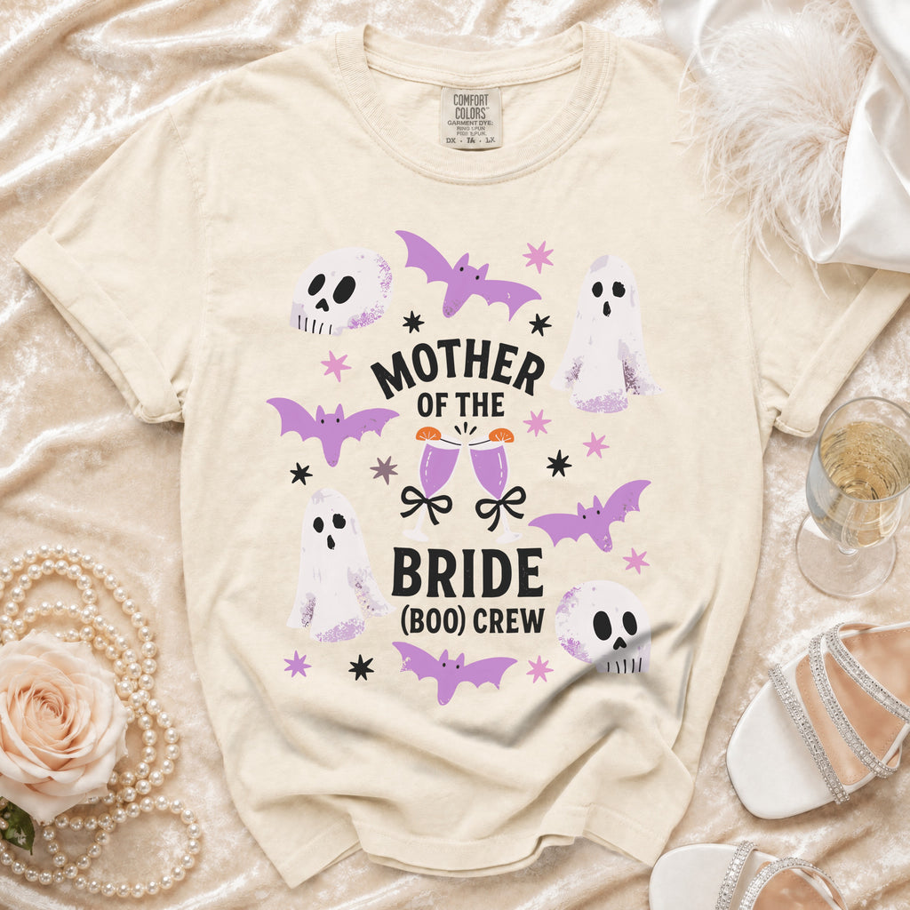 Cream t-shirt with "Mother of the Bride (Boo) Crew" text and Halloween graphics.