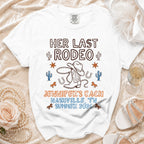 White t-shirt with "Her Last Rodeo" and "Jennifer's Bach Nashville, TN Summer 2026" text.