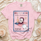 Pink t-shirt with "RED, WHITE & I DO Willow's Bachelorette" graphic.