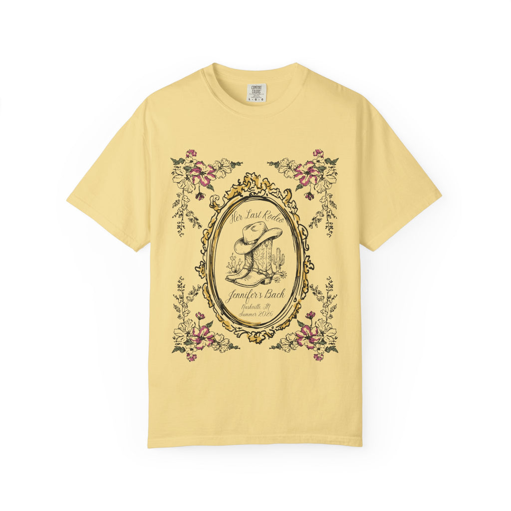 "Her Last Rodeo" graphic tee with cowboy boot, flowers, and text.