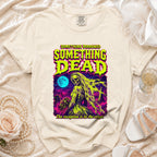 Cream t-shirt with "Something Borrowed Something Dead" graphic and crypt.