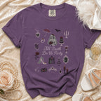 Purple t-shirt with "Till Death Do Us Party" and skeleton bride cross-stitch design.