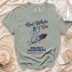 T-shirt with "Red, White & I Do" and "Willow's Bachelorette" text.