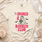 T-shirt with "Spooked & Booked Club" text, ghost bride, and bats.