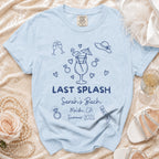 Light blue t-shirt with "Last Splash Sarah's Bach Malibu, CA Summer 2026 Bride to-be" text and graphics.