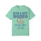 T-shirt with "Her Last Rodeo" text, cowboy boot, and Nashville bachelorette details.