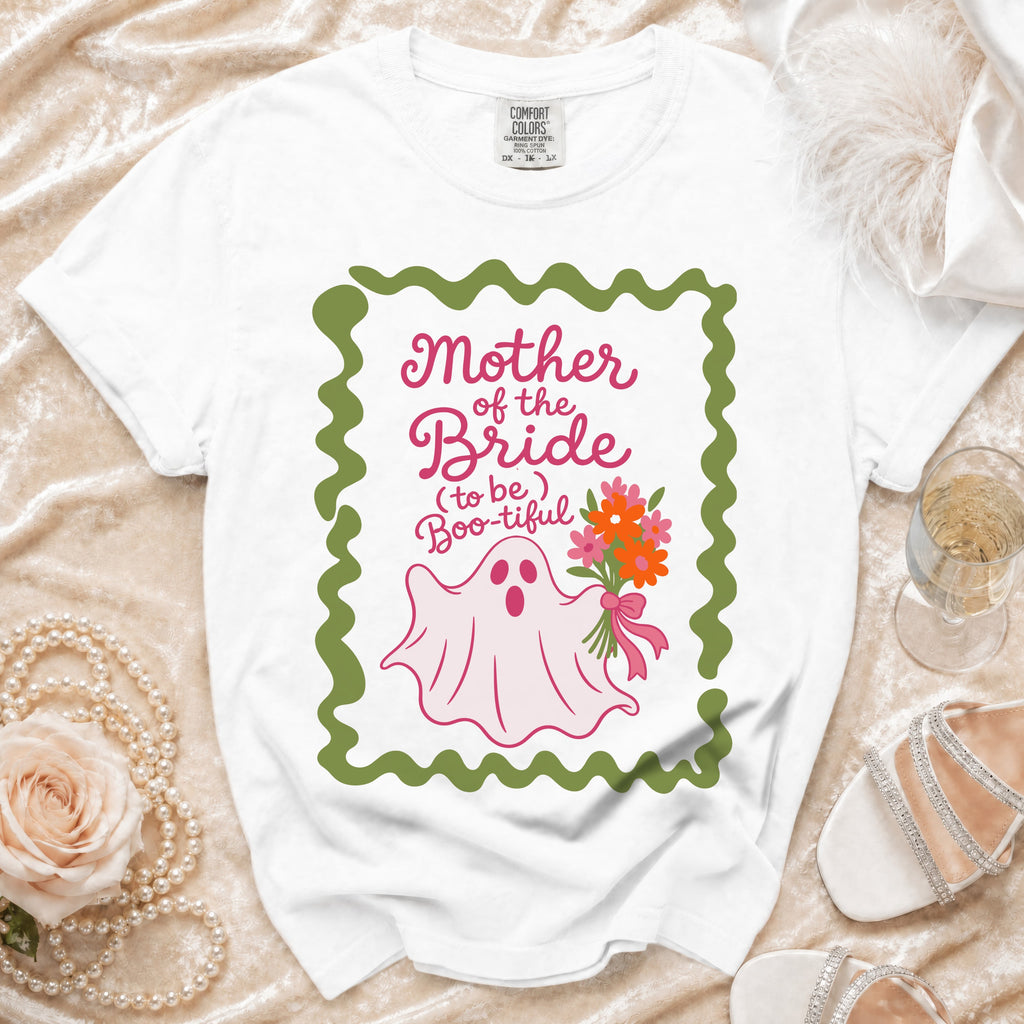White t-shirt with "Mother of the Bride Boo-tiful" text and a ghost.