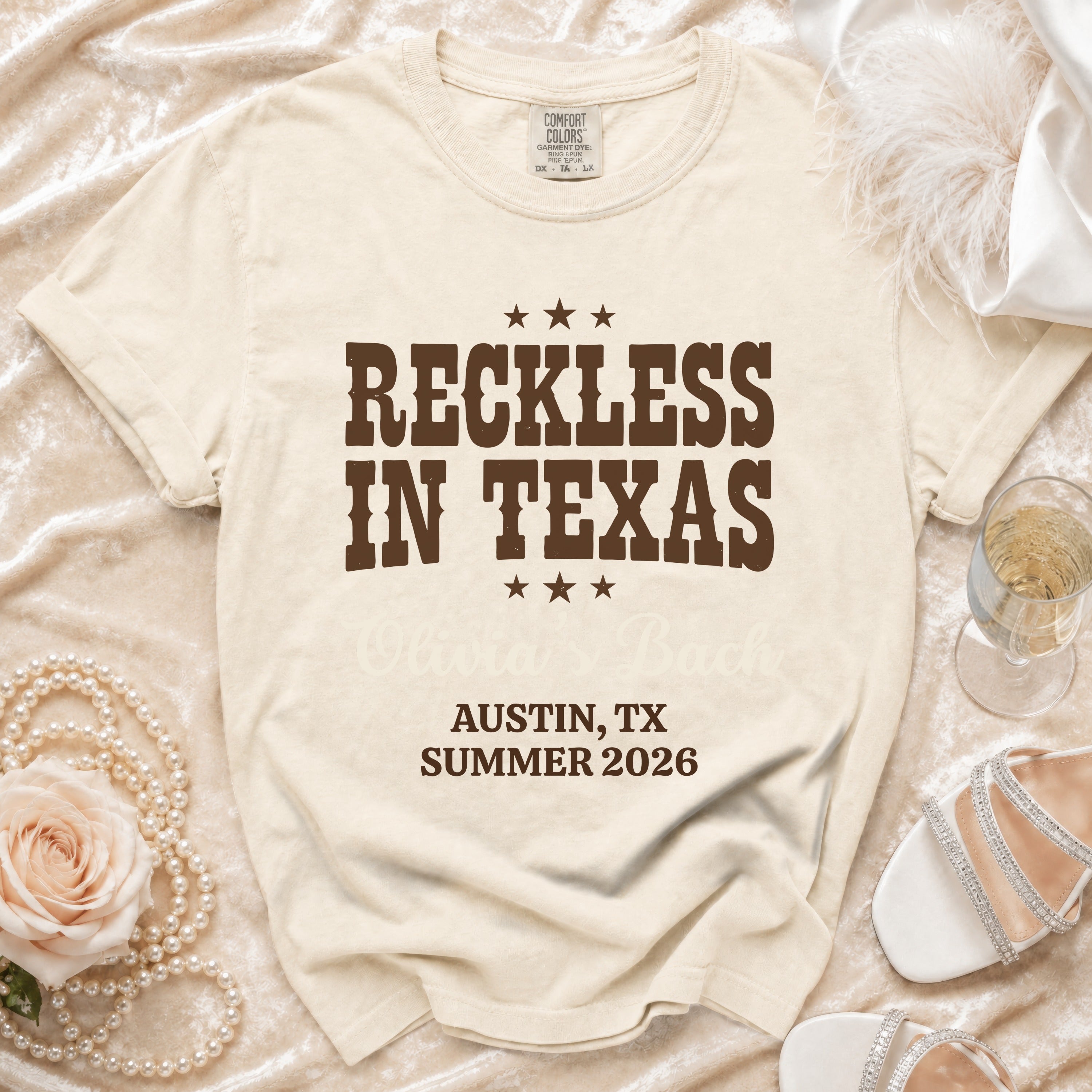 Comfort Colors t-shirt with "Reckless in Texas" and "Austin, TX Summer 2026".