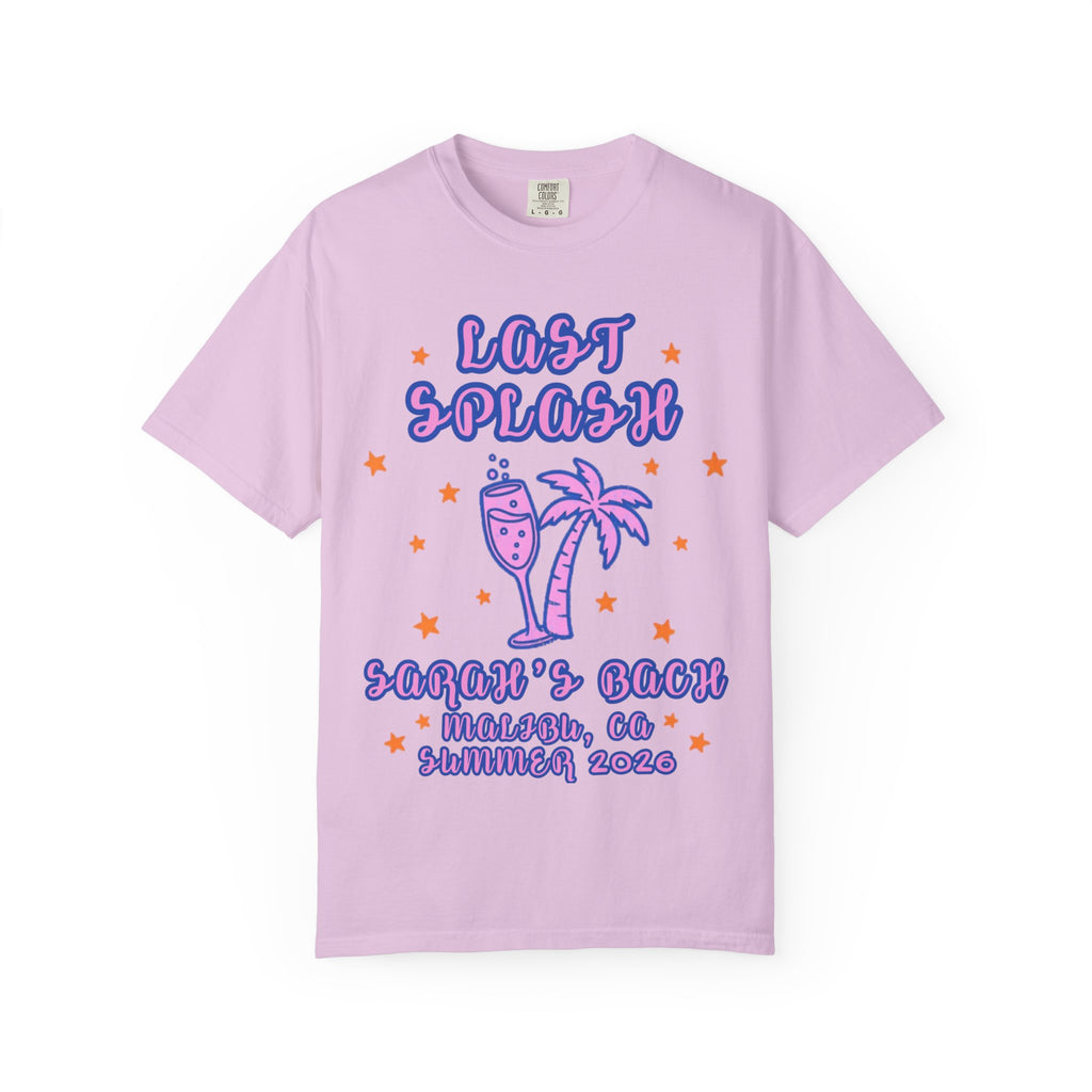 Pink t-shirt with "LAST SPLASH" text and palm tree graphic.