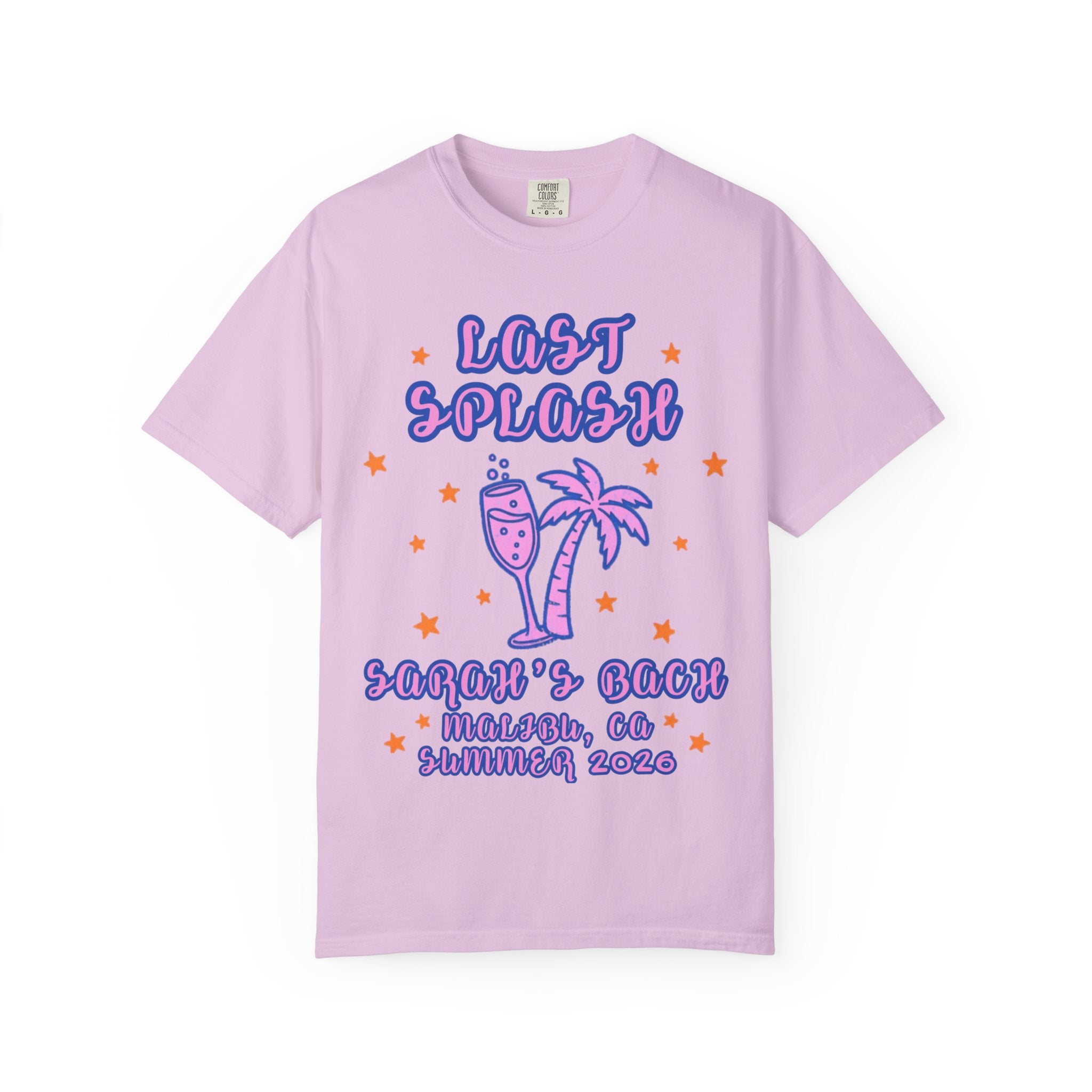 Pink t-shirt with "LAST SPLASH" text and palm tree graphic.