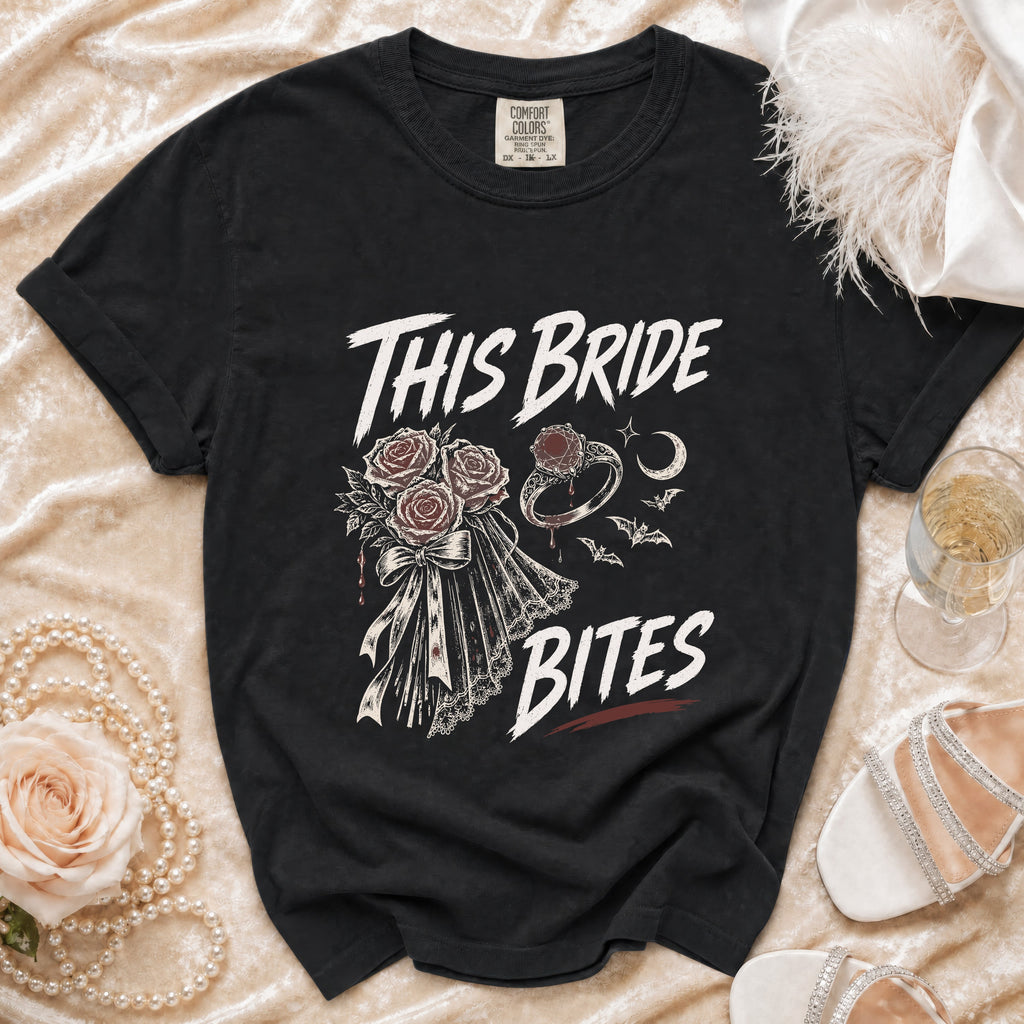 Black t-shirt with "This Bride Bites" graphic, featuring roses, ring, moon, and bats.