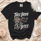 Black t-shirt with "This Bride Bites" graphic, featuring roses, ring, moon, and bats.