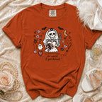 Orange t-shirt with skeleton bride graphic and text "'til death do us part...or until I get bored."