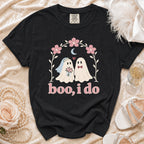 Black t-shirt with "boo, i do" text and bride/groom ghosts.