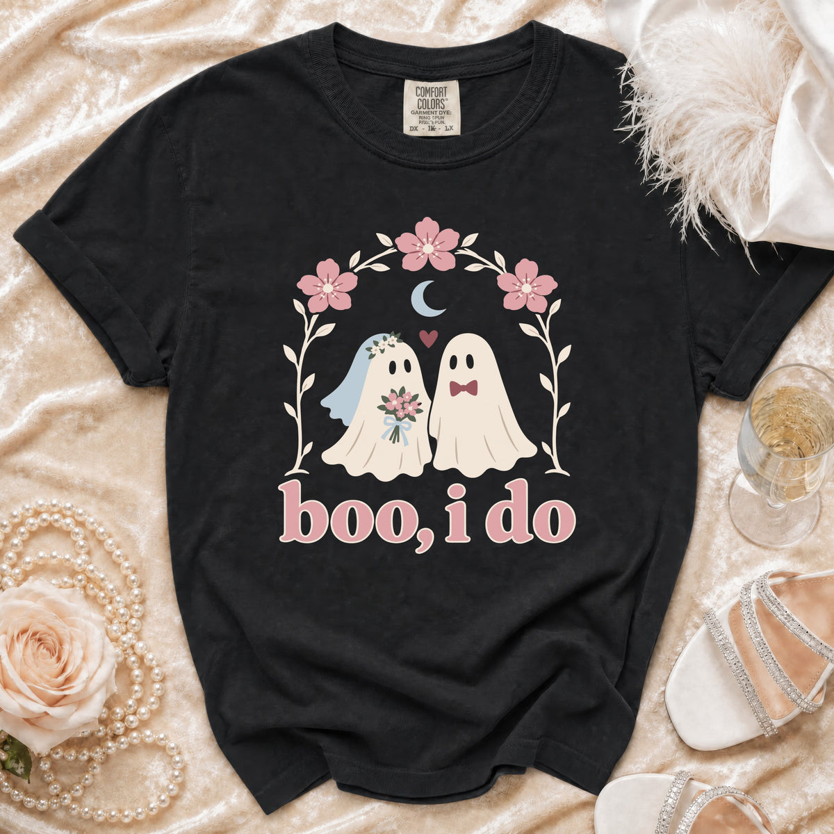 Black t-shirt with "boo, i do" text and bride/groom ghosts.