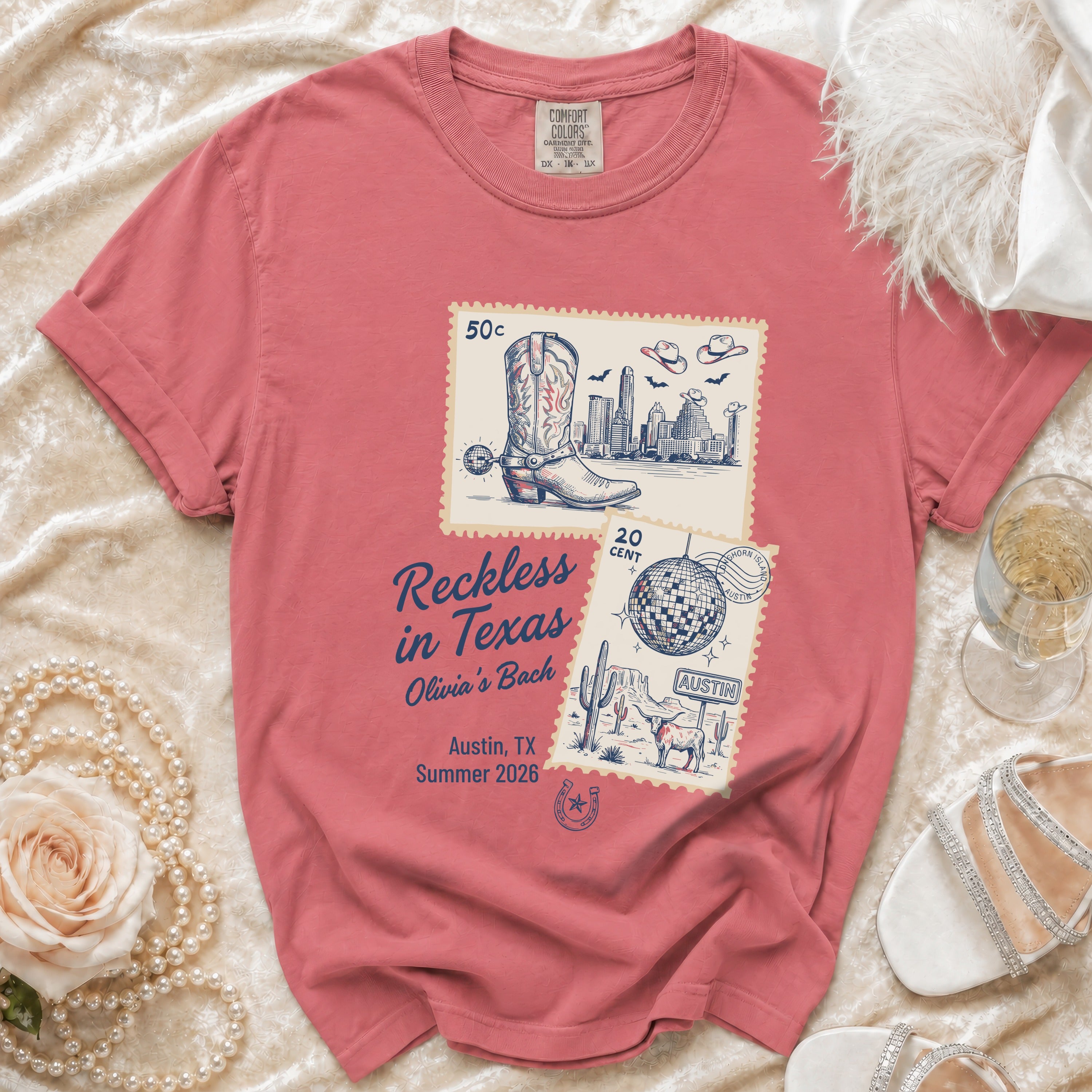 T-shirt with "Reckless in Texas" and Austin-themed stamp graphics.
