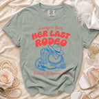 T-shirt with "Jennifer's Bach Her Last Rodeo" text and cowboy boots.