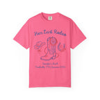 Pink t-shirt with "Her Last Rodeo" and "Jennifer's Bach" text, cowboy boot and horseshoe graphic.