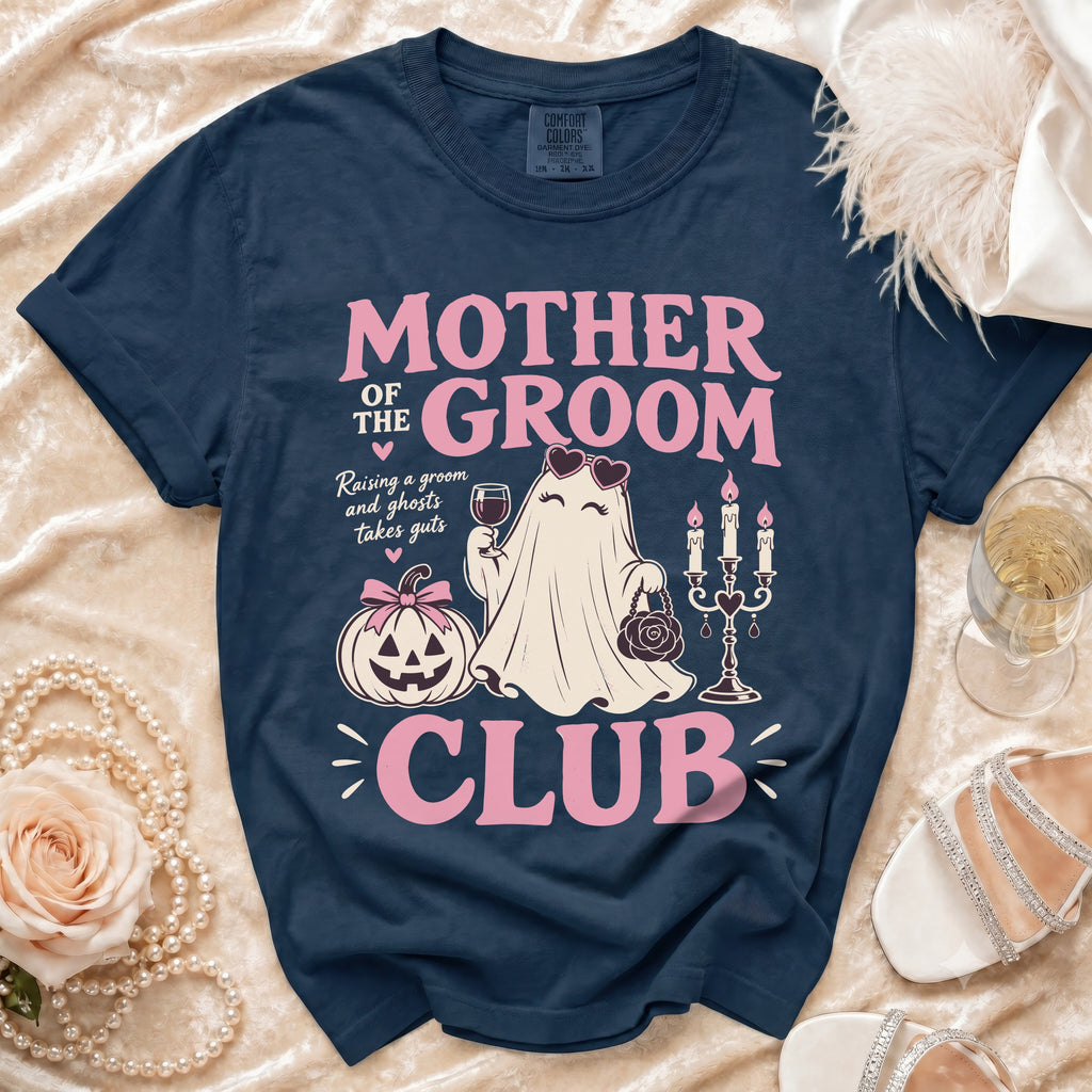 Dark navy shirt with "Mother of the Groom Club" graphic featuring a ghost.