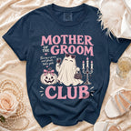 Dark navy shirt with "Mother of the Groom Club" graphic featuring a ghost.