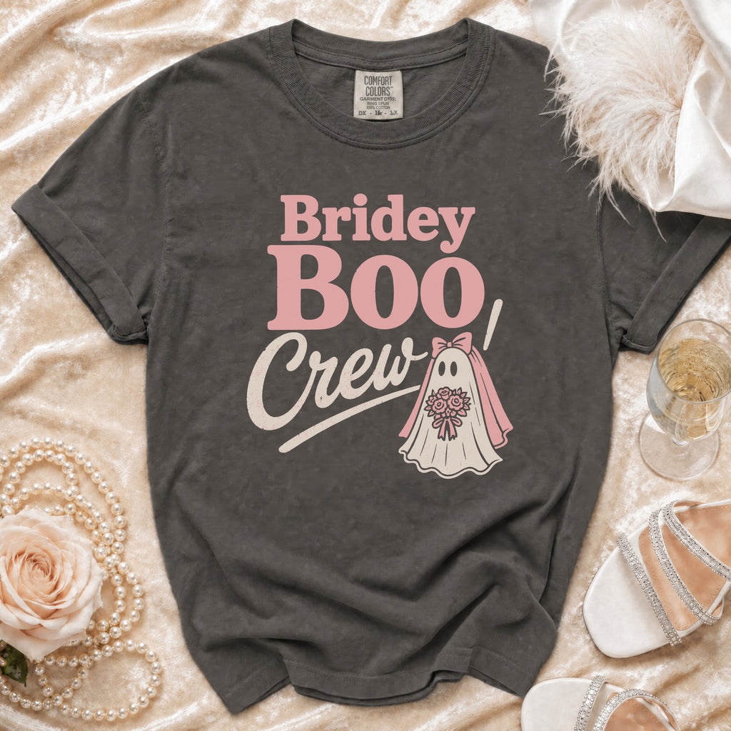 Dark grey t-shirt with "Bridey Boo Crew" text and ghost bride graphic.