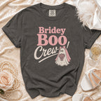 Dark grey t-shirt with "Bridey Boo Crew" text and ghost bride graphic.