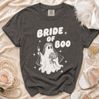 Dark grey t-shirt with "BRIDE OF BOO" text and ghost bride graphic.