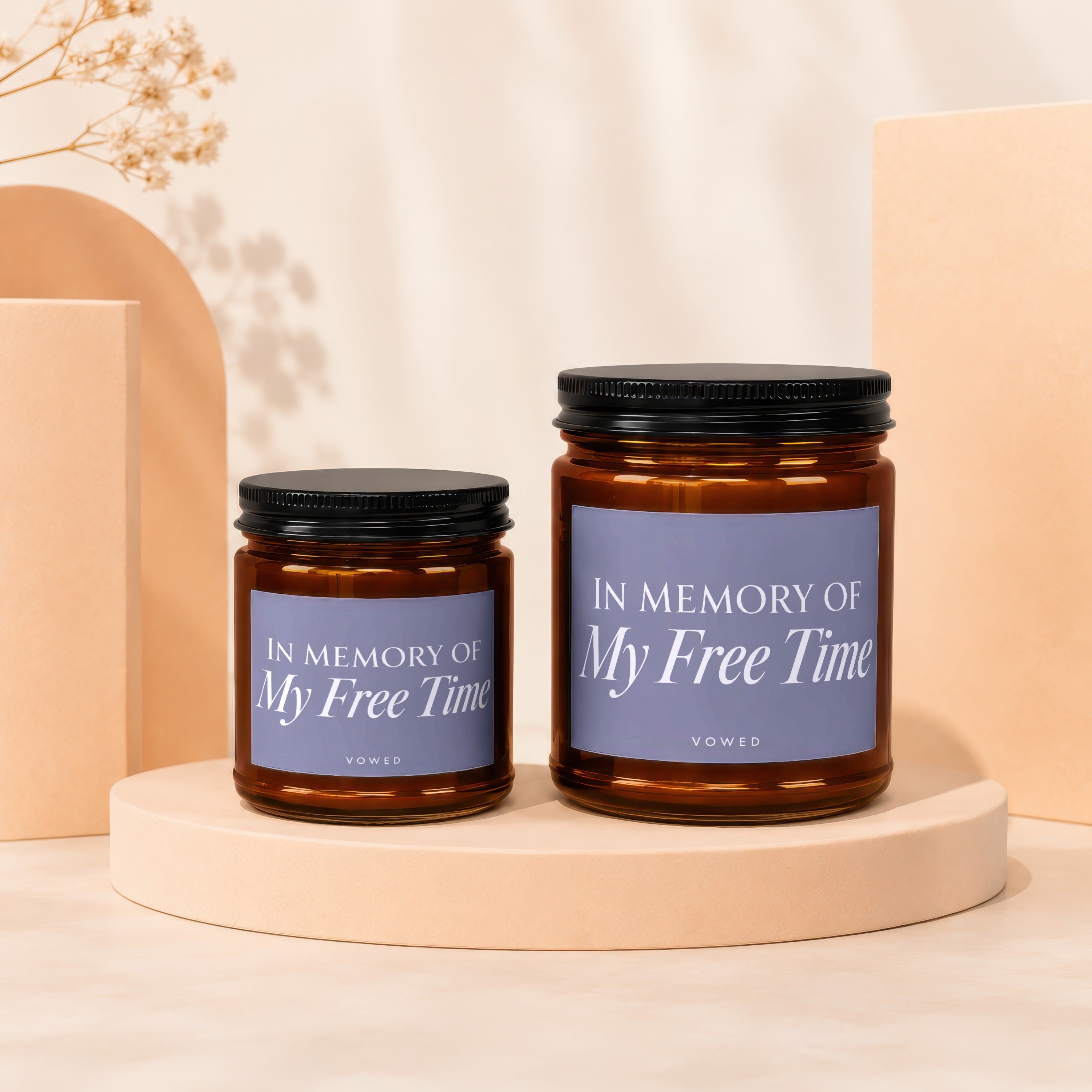 Two candles labeled "IN MEMORY OF My Free Time" sit on pedestals.
